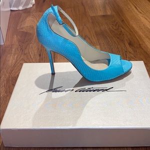 Brian Atwood blue “sea green” snakeskin stilettos